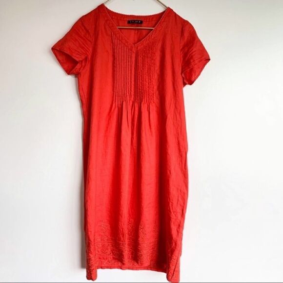JUMP 100% Linen V-Neck Embroidered Midi Dress Minimalist Shift Relaxed Lagenlook - Picture 1 of 7